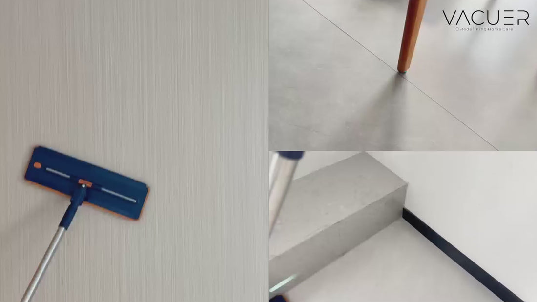 Vidéo démontrant la tête maniable à 360° du balai serpillère VACUER K1-PRO, illustrant un nettoyage fluide et efficace sur différents types de sols, y compris les zones difficiles d’accès.