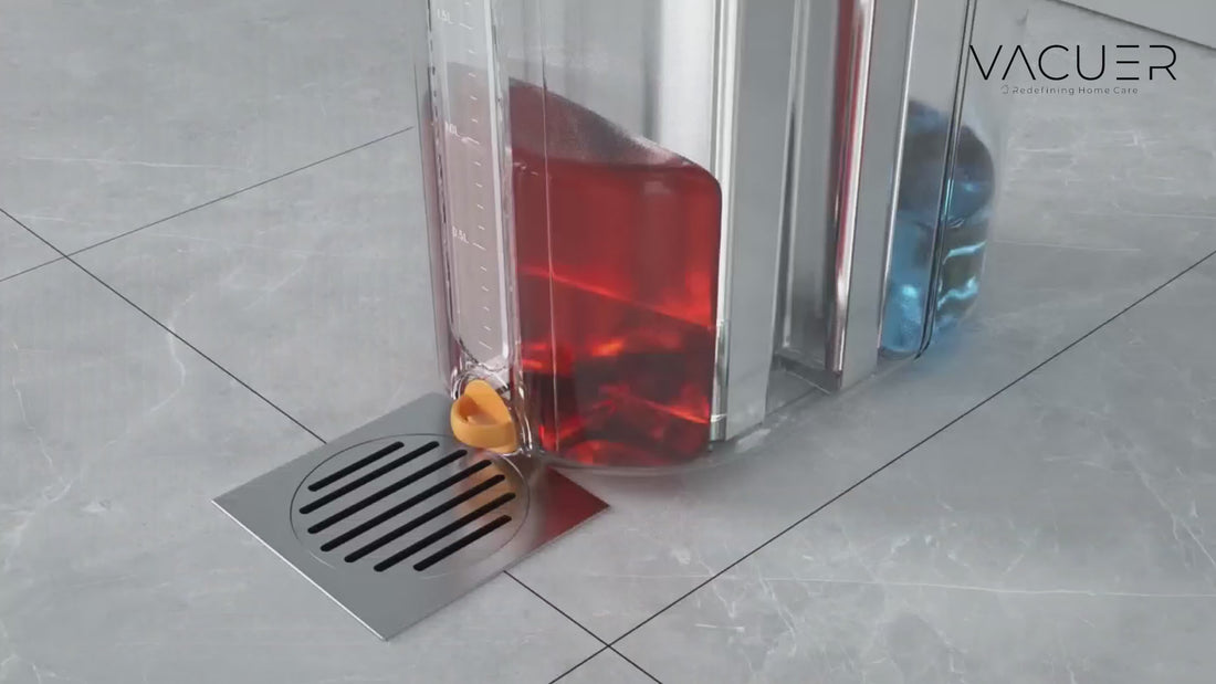Vidéo montrant le système d’évacuation hygiénique du balai serpillère VACUER K1-PRO, équipé d’un bouchon intégré permettant de vider l’eau sale rapidement, sans contact et sans éclaboussures.