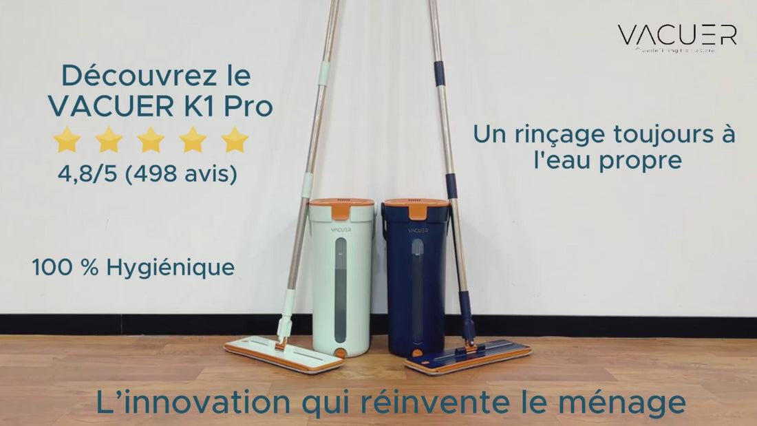 Vidéo comparative du balai serpillère VACUER K1-PRO montrant la différence entre un rinçage à l’eau claire et une serpillère classique à eau sale.