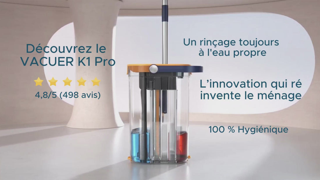 Bannière d’accueil VACUER K1-PRO, balai serpillère innovant à eau claire.