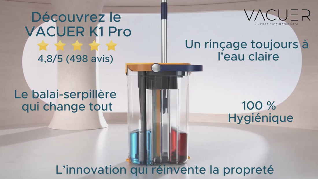 Présentation complète du balai serpillère VACUER K1-PRO, montrant son système innovant à trois réservoirs pour un rinçage à l’eau claire, un essorage rapide et un nettoyage hygiénique sur tous les types de sols.