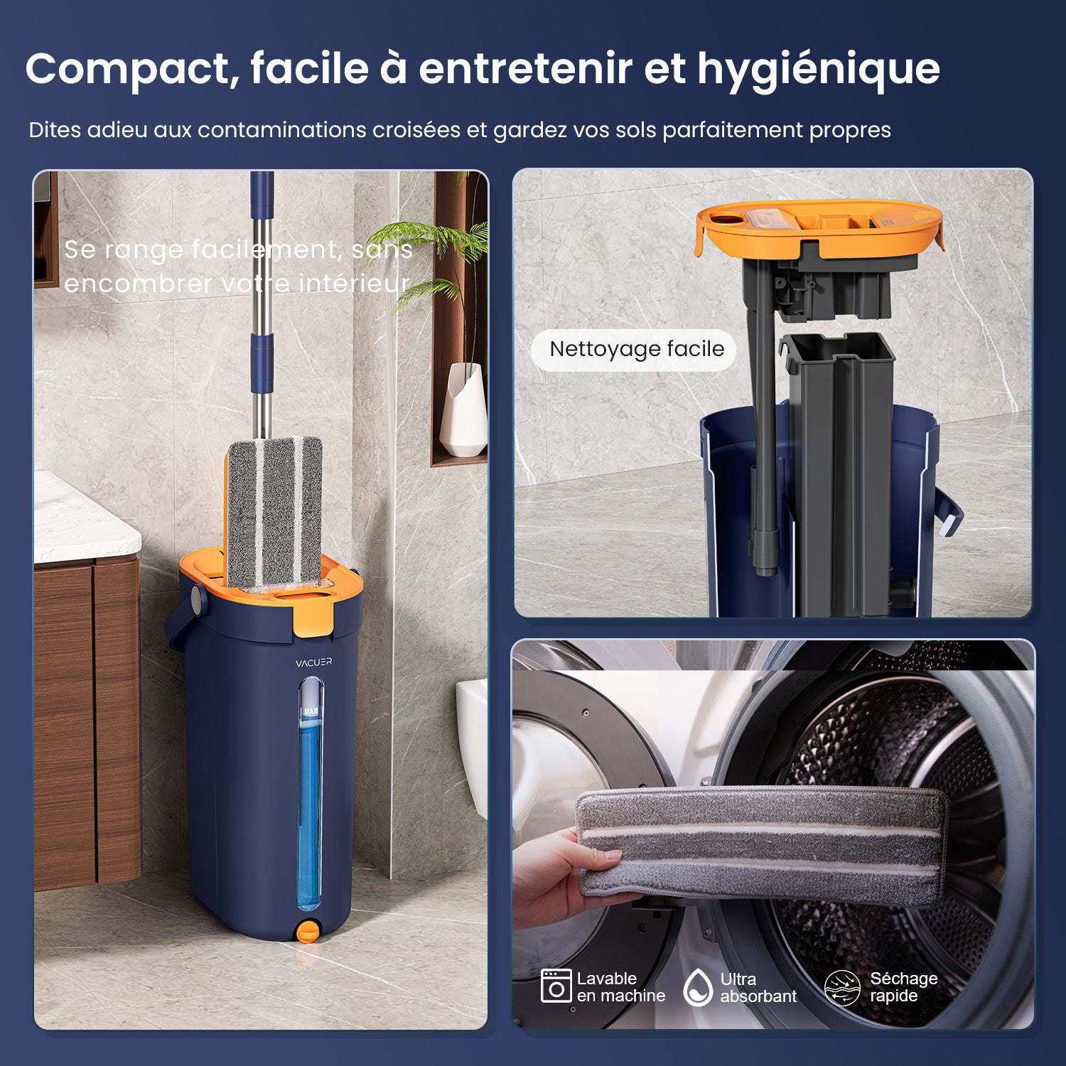 Balai serpillière VACUER K1-PRO Bleu Marine rangé dans un coin – design compact et démontable, microfibre lavable en machine, conception éco-responsable.