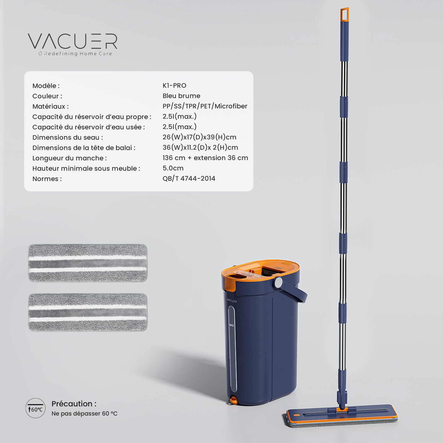 Fiche technique du balai serpillière VACUER K1-PRO Bleu Marine – modèle avec 2 microfibres incluses, capacité, dimensions, longueur du manche et conformité aux normes.