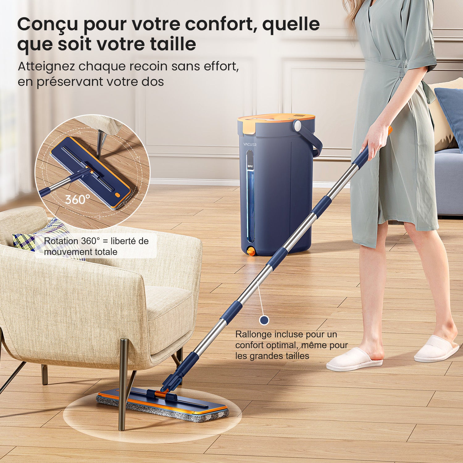 Femme utilisant le balai serpillière VACUER K1-PRO Bleu Marine – tête rotative à 360° et manche extensible pour une utilisation confortable et une protection du dos.Femme utilisant le balai serpillière VACUER K1-PRO Bleu Marine – tête rotative à 360° et manche extensible pour une utilisation confortable et une protection du dos.