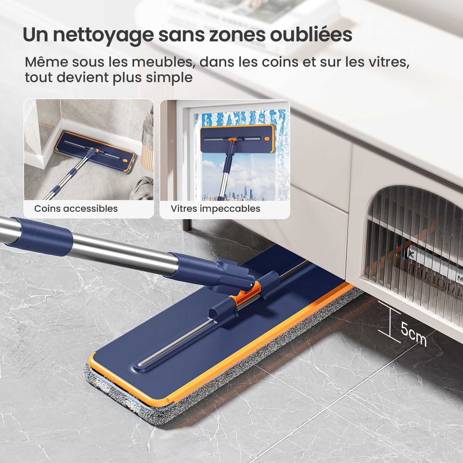 Balai serpillière VACUER K1-PRO Bleu Marine – tête maniable pour un nettoyage sans zones oubliées, idéal pour vitres, plinthes, recoins et dessous de canapé.