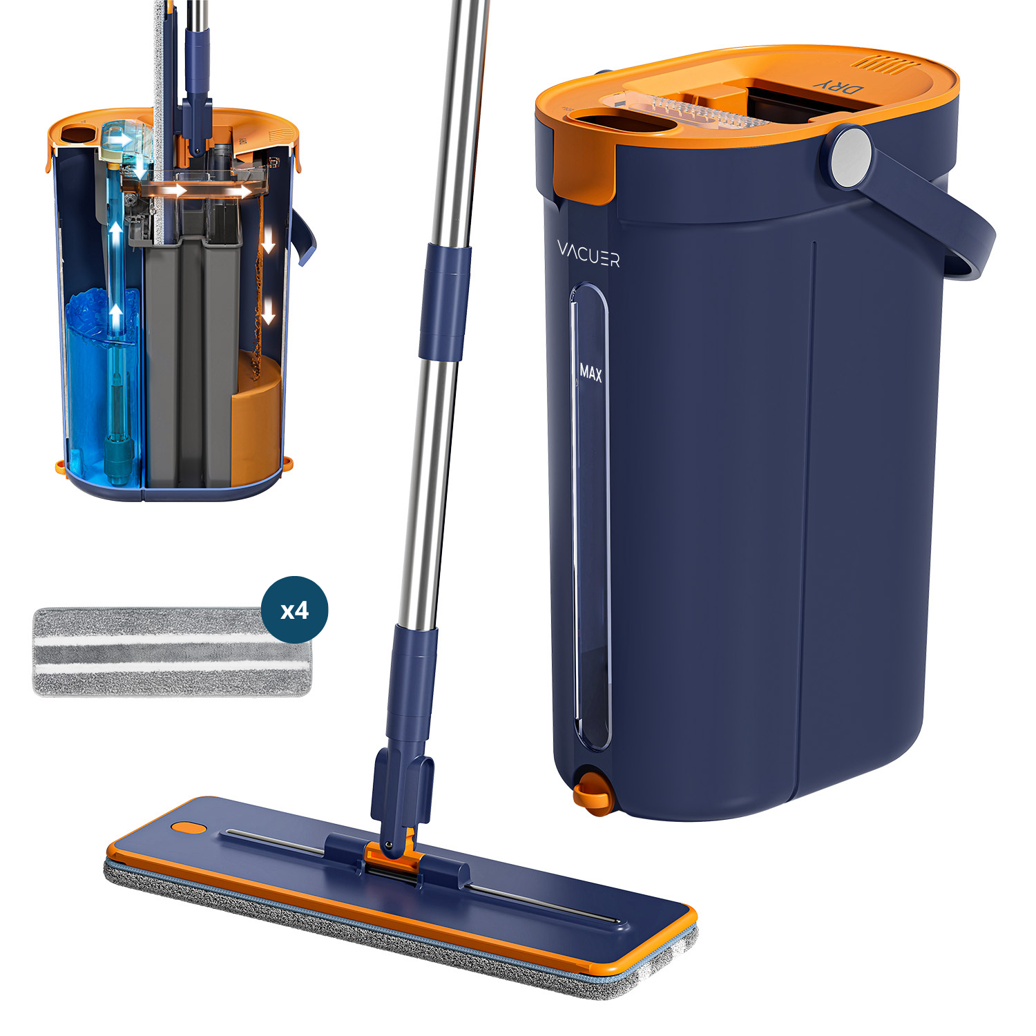 Balai serpillière VACUER K1-PRO Bleu Marine – pack 4 microfibres, système à 3 réservoirs, lavage à l’eau propre.