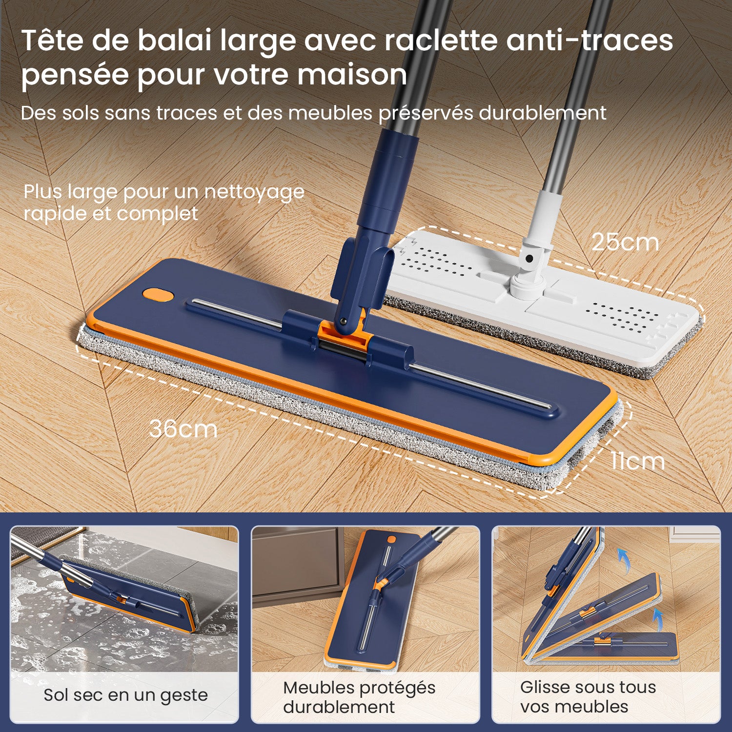 Serpillère microfibre VACUER K1-PRO Bleu Marine largeur XL – fibres blanches et grises douces, réutilisable, lavable et dotée de coutures renforcées pour une durabilité maximale.