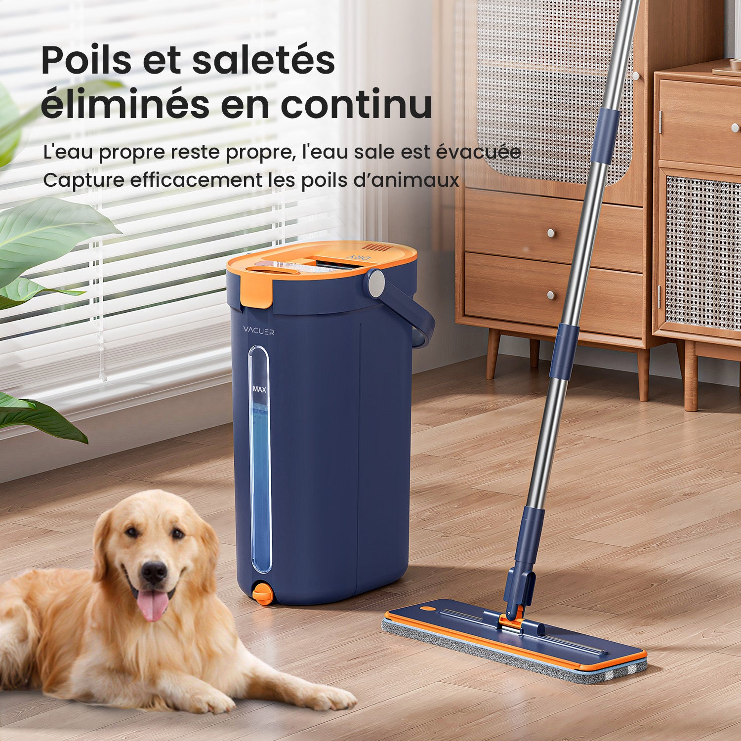 Balai serpillière VACUER K1-PRO Bleu Marine utilisé dans une maison avec un enfant et un chien – élimine poils, traces et saletés pour un sol toujours propre.