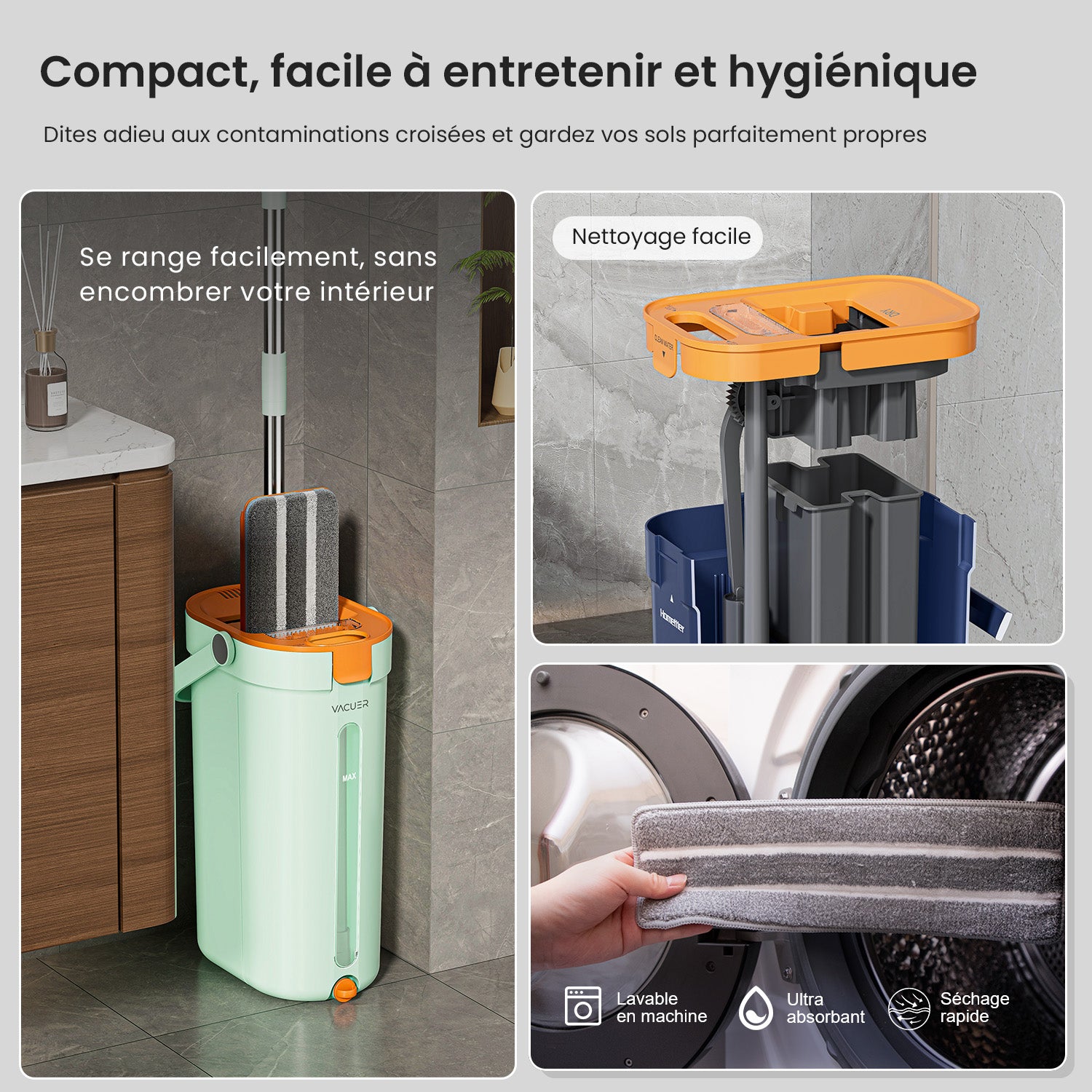 Balai serpillière VACUER K1-PRO Vert Pastel rangé dans un coin – design compact et démontable pour un entretien facile, avec microfibre lavable en machine et conception éco-responsable.