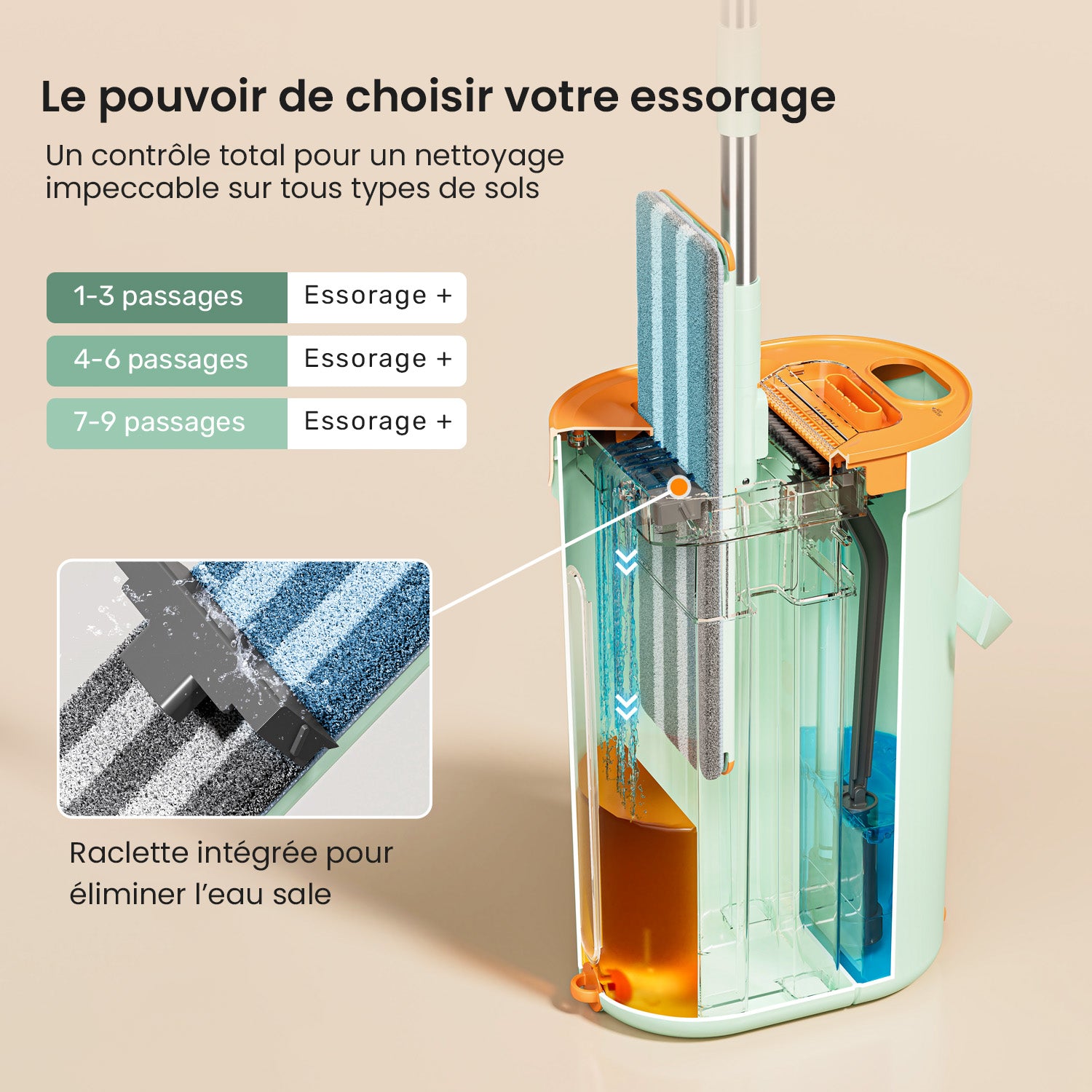 Système d’essorage intelligent du balai serpillière VACUER K1-PRO Vert Pastel – réglages d’essorage +, ++, +++, avec raclette et brosse intégrée pour différents types de sols.