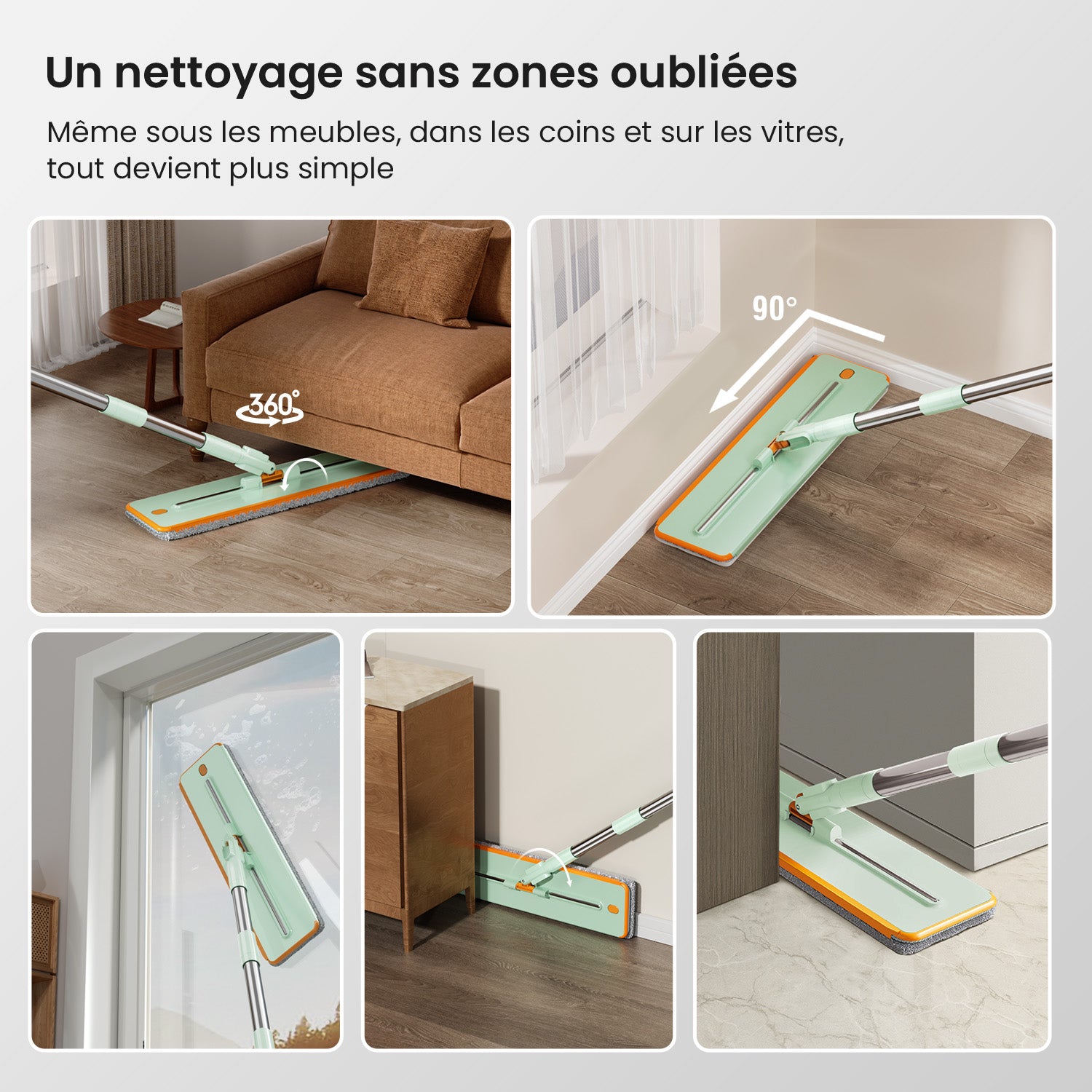 Balai serpillière VACUER K1-PRO Vert Pastel – tête maniable pour un nettoyage sans zones oubliées, idéal pour vitres, plinthes, recoins et dessous de canapé.