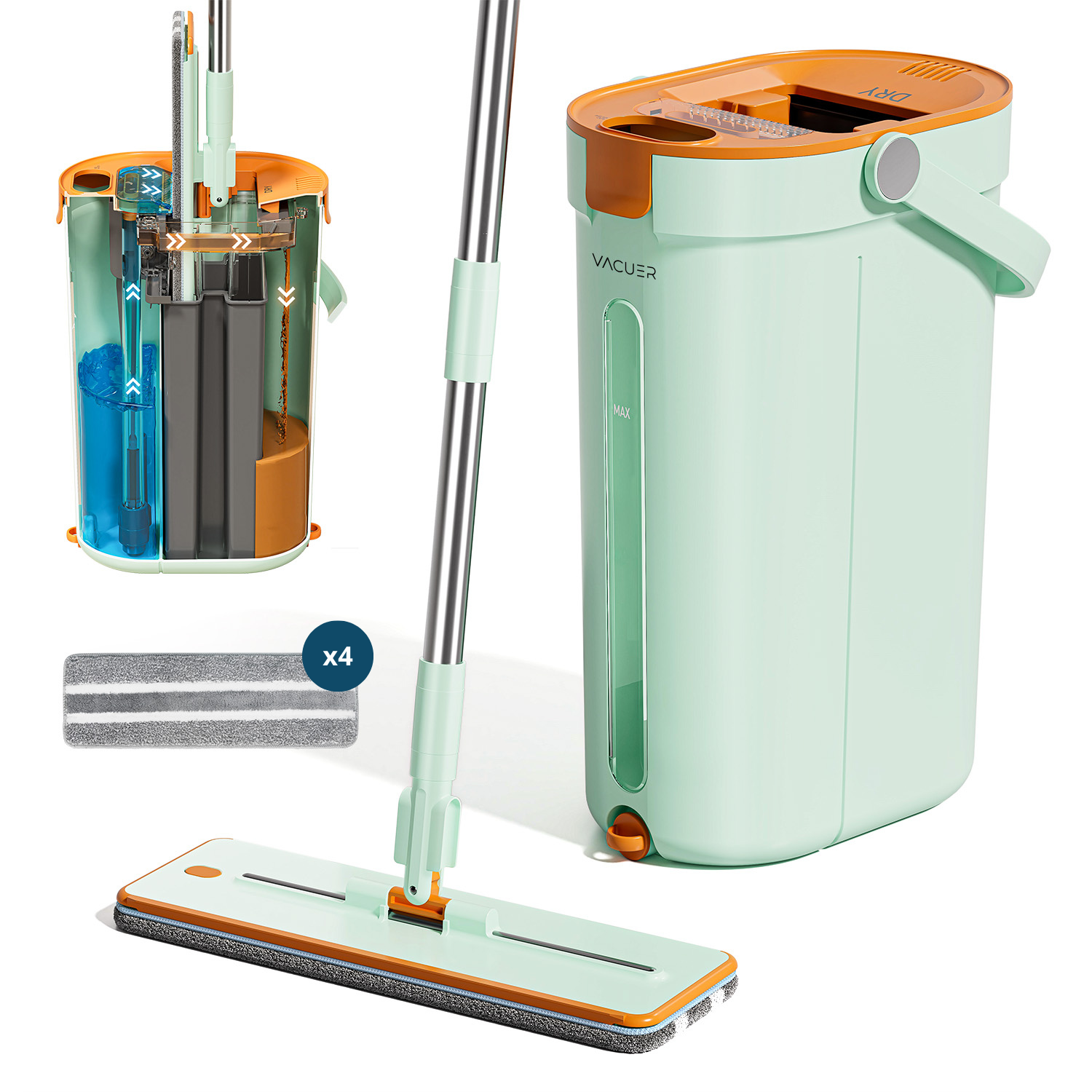 Balai serpillière VACUER K1-PRO Vert Pastel – pack 4 microfibres, système à 3 réservoirs, lavage à l’eau propre.