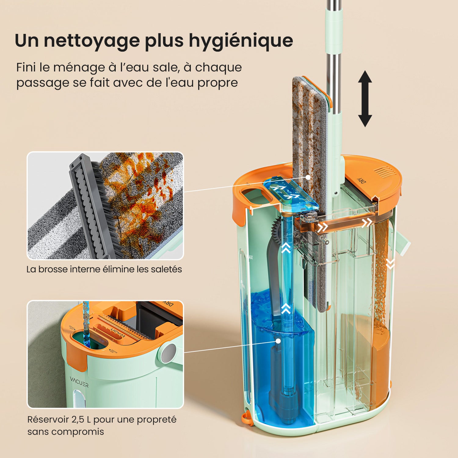 Système de rinçage du balai serpillière VACUER K1-PRO Vert Pastel – jet d’eau, brosse autonettoyante et remplissage facile pour un nettoyage plus hygiénique.