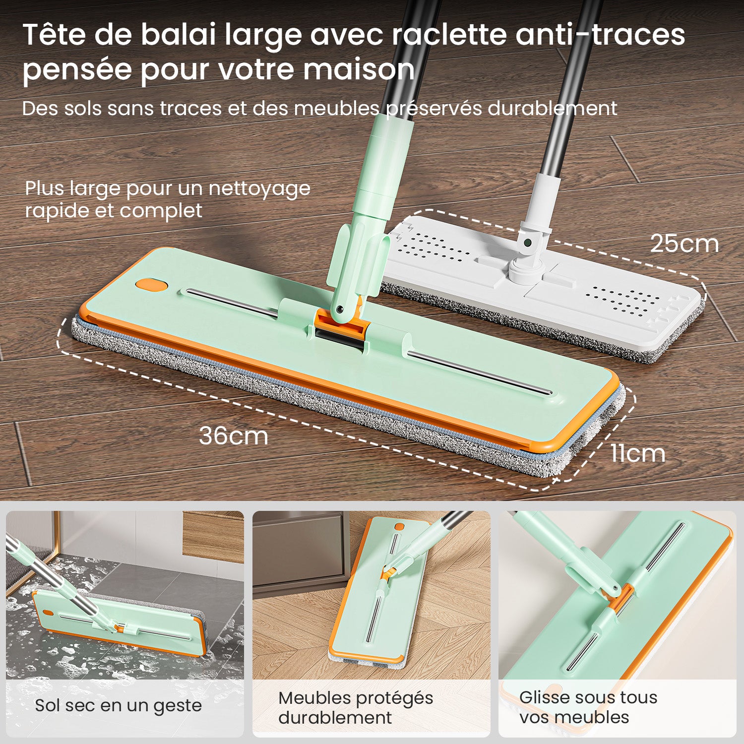 Comparatif de la tête large du balai serpillière VACUER K1-PRO Vert Pastel avec raclette anti-traces – conçue pour protéger les meubles et glisser facilement sous les surfaces basses.