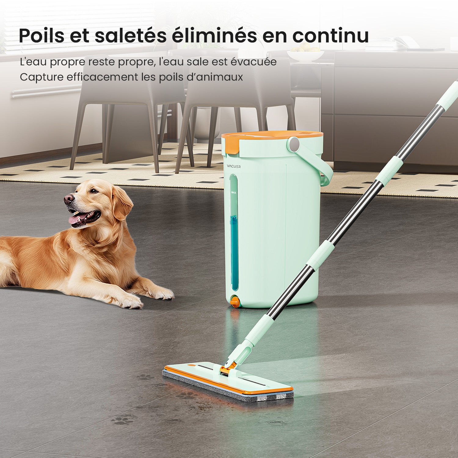 Balai serpillière VACUER K1-PRO Vert Pastel utilisé dans une maison avec un enfant et un chien – élimine poils, traces et saletés pour un sol toujours propre.
